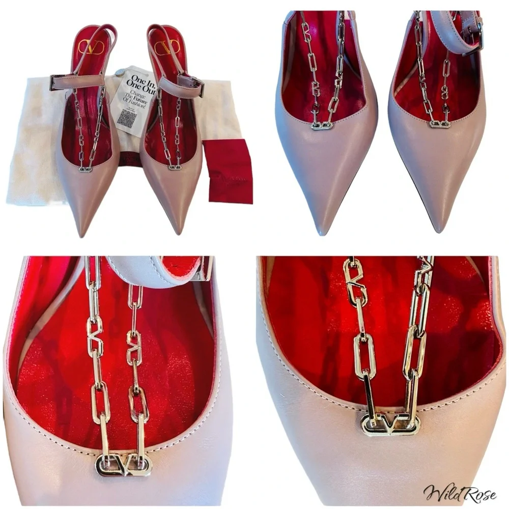 VALENTINO GARAVANI Nude Valentino V Logo Silver Chain Detail Slingback Pumps 36 - Picture 16 of 17